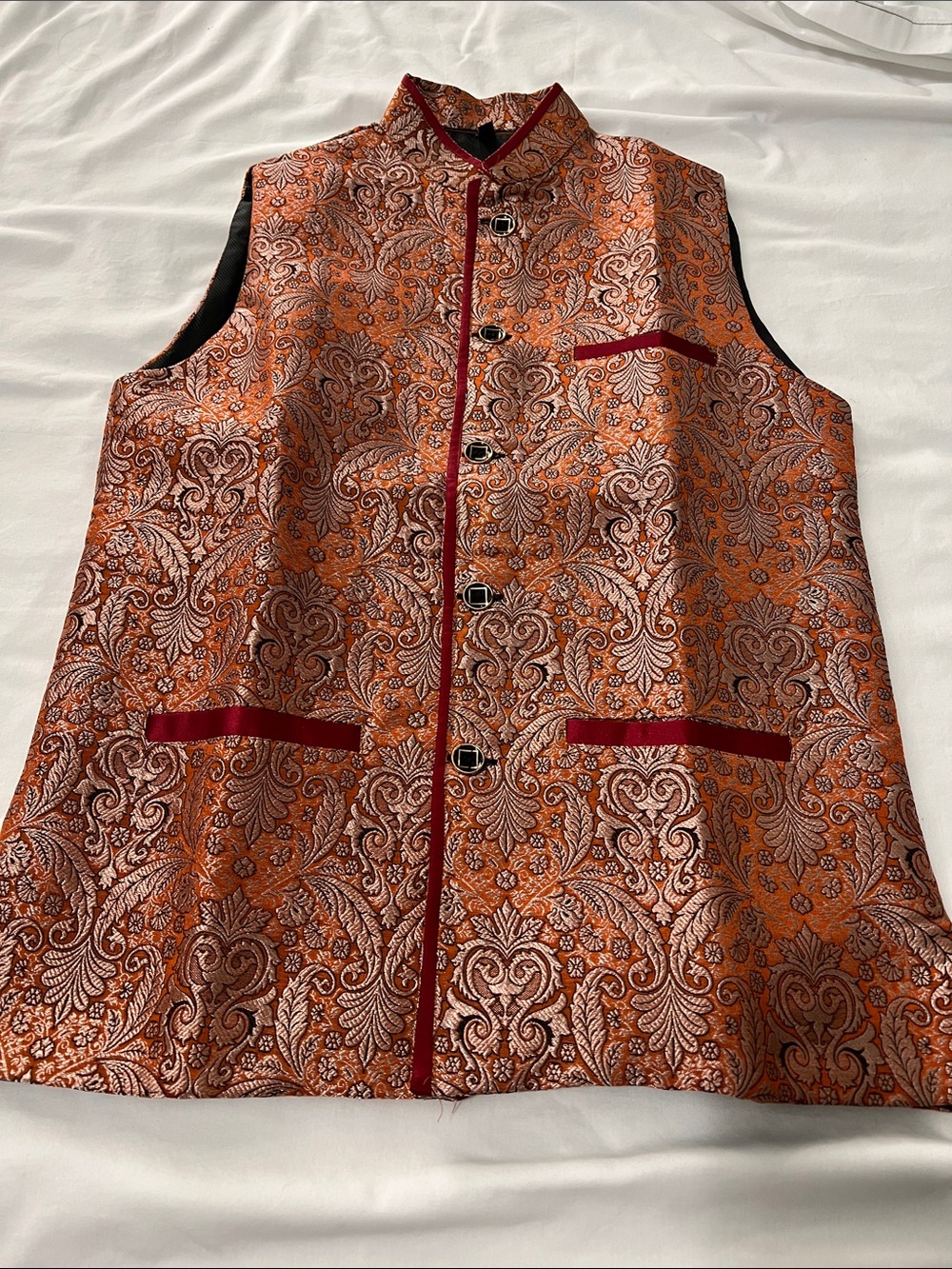 Embroidered Orange Brocade Nehru Vest with Red Trim